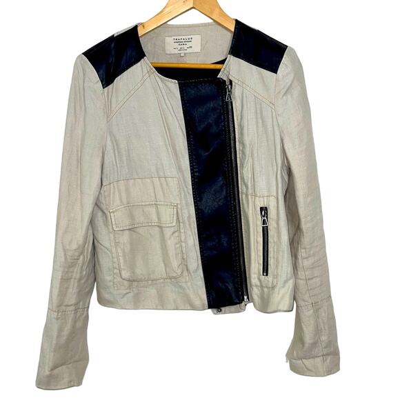Zara Trafaluc Linen Moto Blazer Jacket Off White/Black Size L - Picture 1 of 5